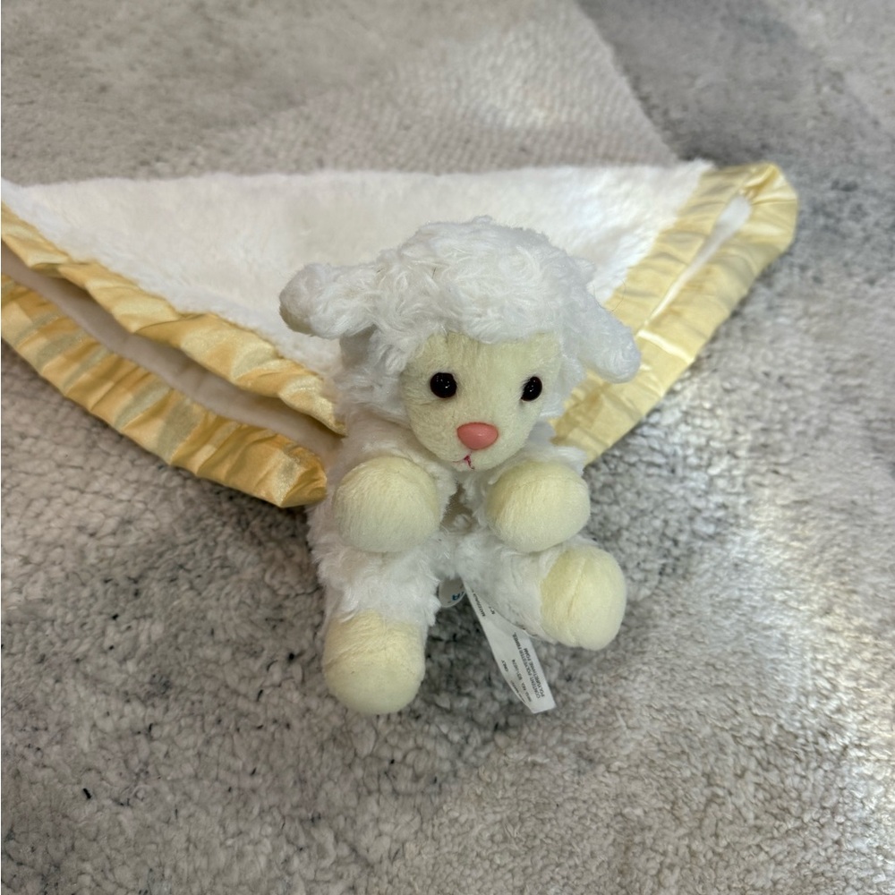 Aurora‎ Baby Lamb Sheep Lovey 14" White Yellow Satin Trim Security Blanket